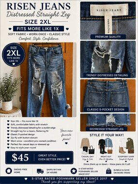 RISEN Jeans Distressed Straight Leg Denim Size 2XL Fits Like 1X